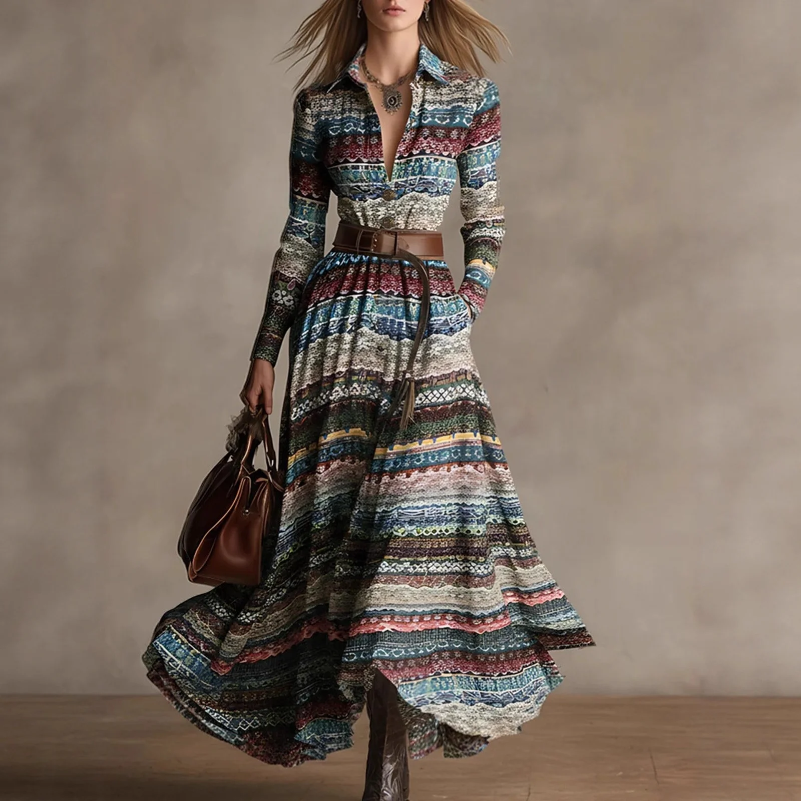 

Women's Vintage Elegant V-neck Single-breasted Split Dress Spring Autumn Ladies Stylish Irregular Hem Pocket Long Dress