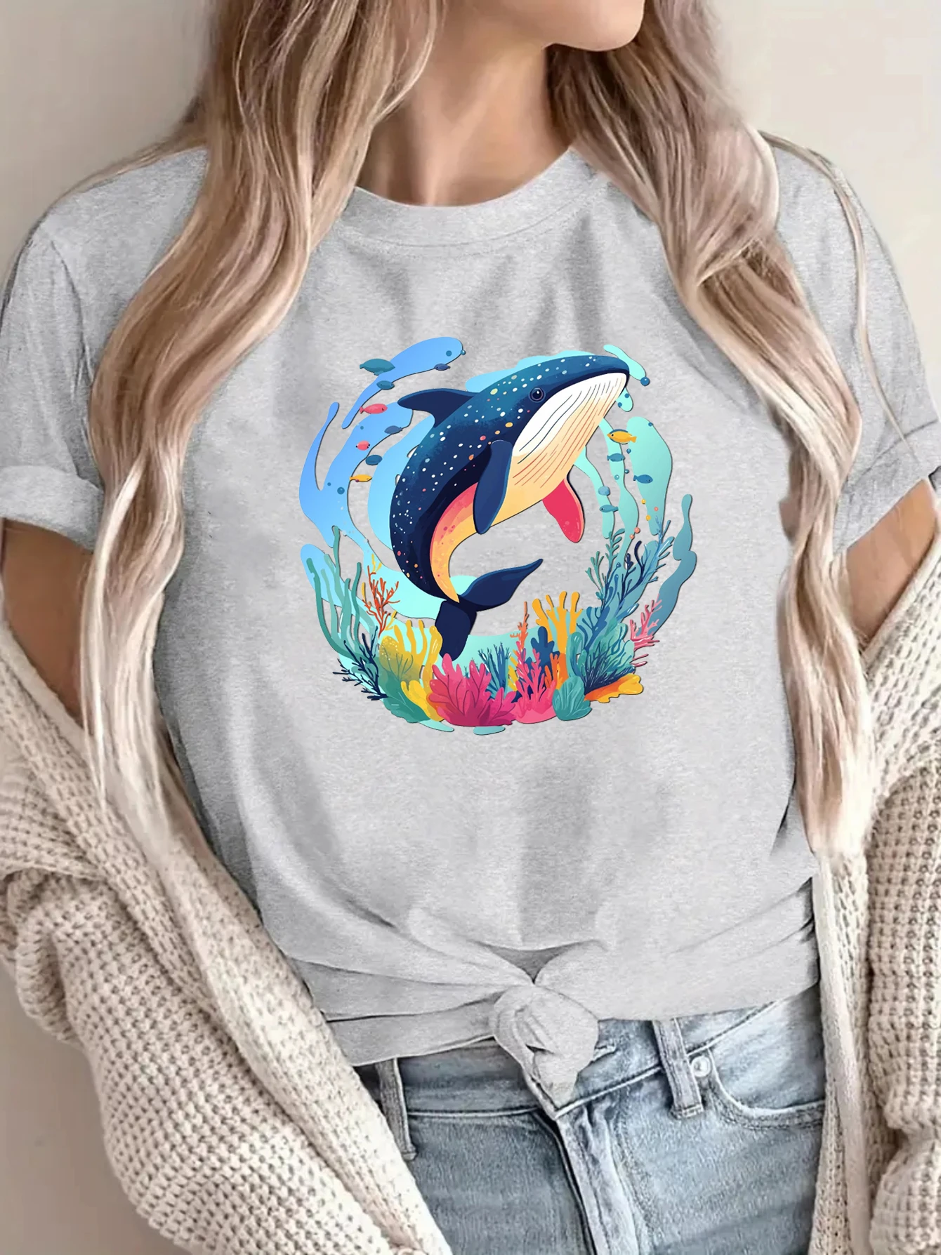 Whale shirt retro marine animal killer whale print women's T-shirt white/black/gray women's T-shirt summer  women's beach Tshirt