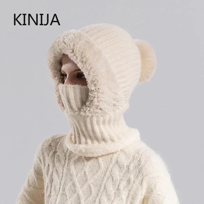 Women Hooded Cap Winter Velvet Knitted Skullies Beanies  Ear Protection Fluffy Hat Lady Mask Neck Integrated Warmth Cover Hat
