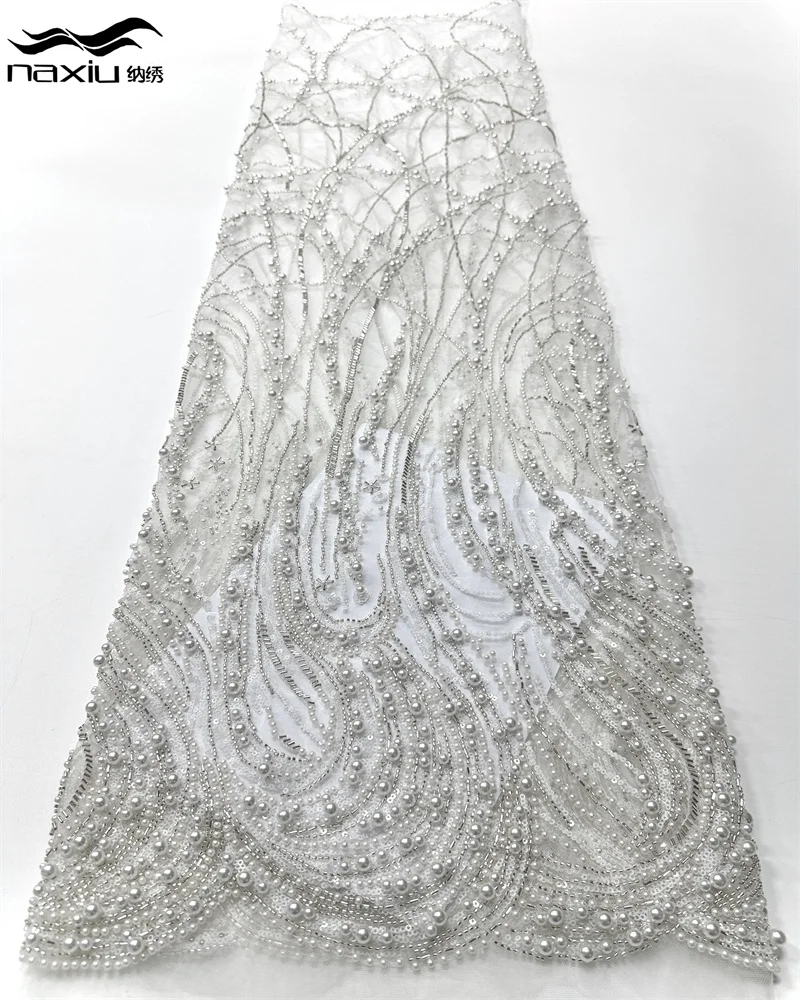 

Madison White Luxury Nigerian Mesh Lace Fabric African Beaded Sequins Groom Embroidery Lace Fabric for Women's Wedding Dresses