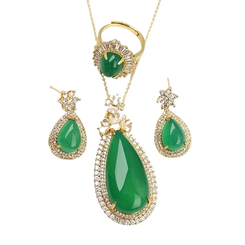 

Natural high ice emperor green chalcedony water drop luxury inlaid pendant four-piece set
