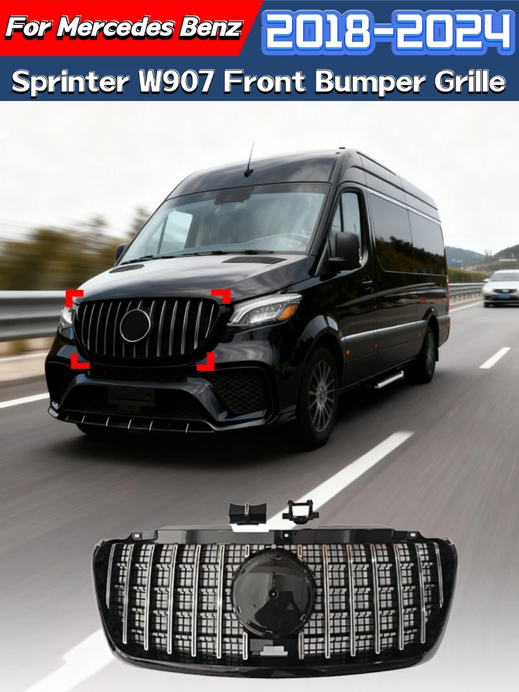 Voorbumper Grille Grills Voor Mercedes-Benz Sprinter W907 2018 2019 2020 2021 2022 2023 2024 Facelift Abs Racing grill - afbeelding 2