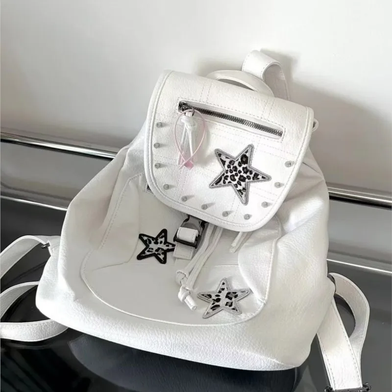 

JIAERDI популярная белая сумка с заклепками в стиле ретро для девочек, женская субкультурная кожаная сумка большой вместимости Mochilas Mujer Harajuku, рюкзак с леопардовой звездой, 2025 г.