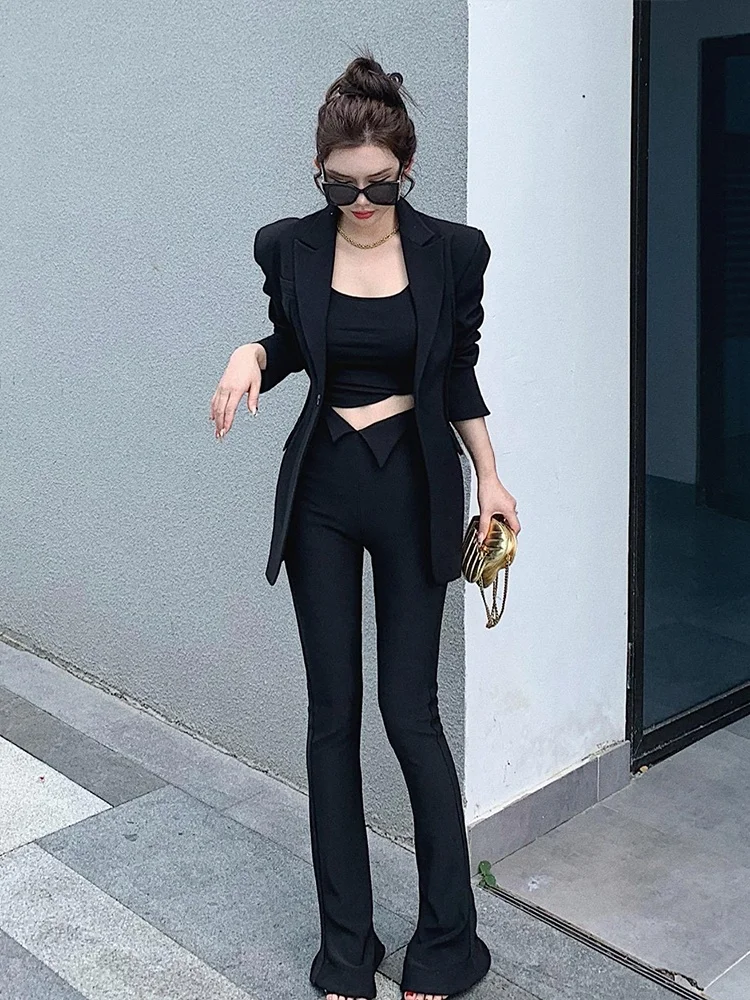 

Ele Bla Suit Jaet Women's Slim Fit Korean Sle Faion Spring 2025 ket Detail Long Sve Single Button Closure