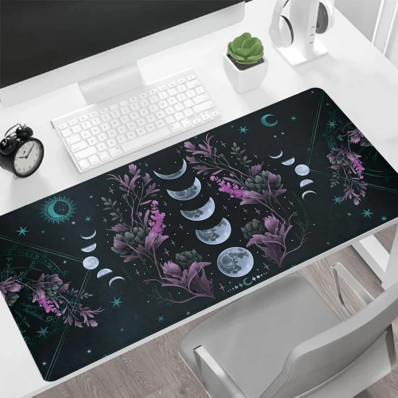 

Mystical Moon Phase Floral Extended Gaming Desk Mat Non-Slip Stitched Edge Mouse Pad