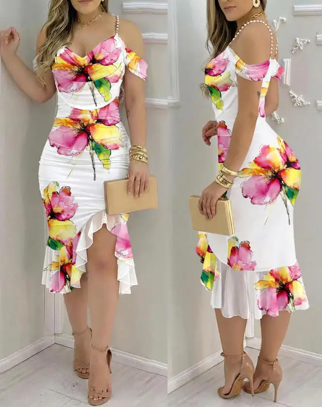 

Женское платье 2026: Новинка весенней коллекции, облегающее платье с акварельным цветочным принтом, эластичными бретелями с жемчугом, вырезом-кауол, разрезом и сетчатым оборчатым подолом