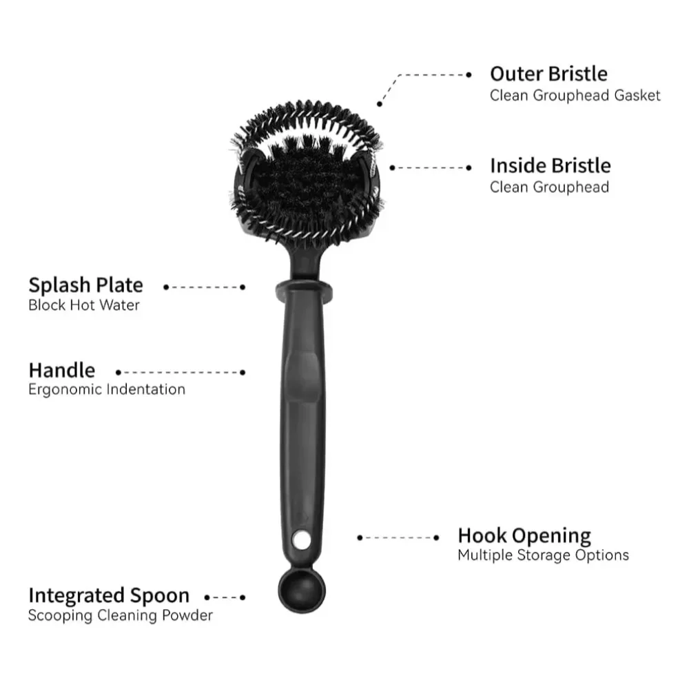 Innovative Espresso Cleaning Set - Dual Bristles with Splash Guard and Integrated Spoon, Easy Grouphead & Gasket Clean