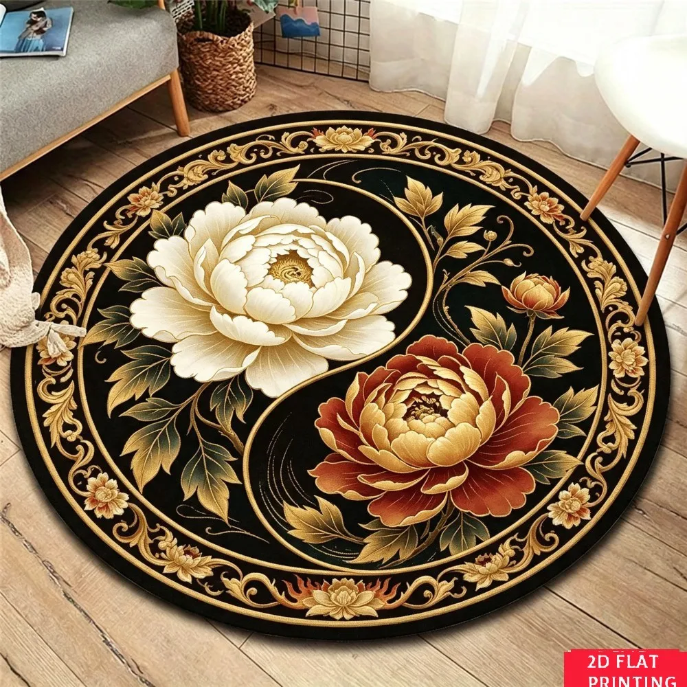 Golden Lotus Flower Yin Yang Round Printed Carpet Spiritual Living Room Bedroom Home Decor Non Slip Floor Mat Area