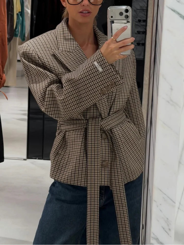 Hot deal: High Notched Lapel Plaid Blazer Casual Lady Brown Belted Waist Padded Shoulders Vintage Oversized Coats Women Daily Chic Outfit