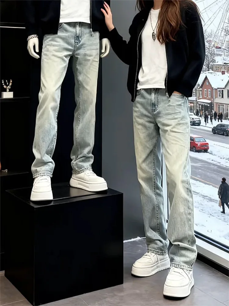 

Waed Blue Slim Fit Men's Jeans American Retro Straight Leg CleanFit Bootcut Pants Casual Loose Straight Tube Trousers