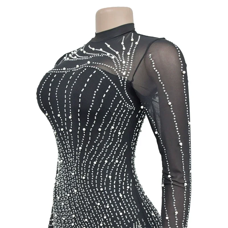 Brilhante diamantes strass borla vestido de aniversário para mulheres boate festa pura malha retalhos manga longa bodycon mini vestido