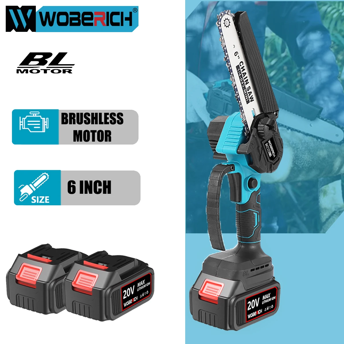 

WOBERICH 6inch Brushless Electric Chain Saw Cordless Portable Tree Branch Logging Chainsaw Woodworking Garden Tool For Makita