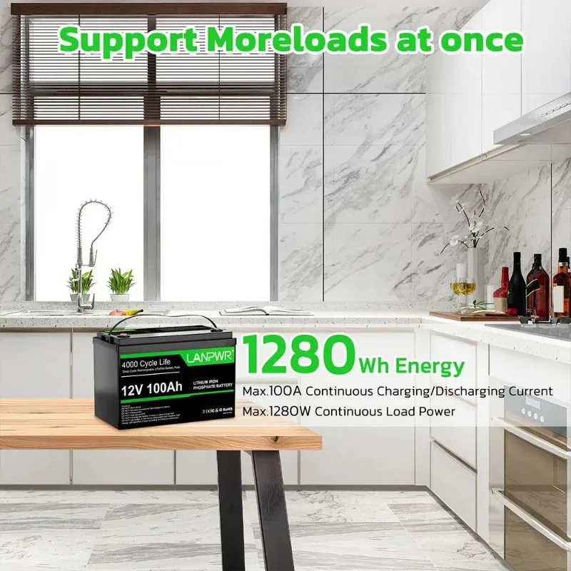 LANPWR 12V100AH بطارية تخزين الطاقة مع وظيفة بلوتوث IP65 مقاوم للماء LiFePO4 بطارية السيارة مناسبة بطارية احتياطية المنزل