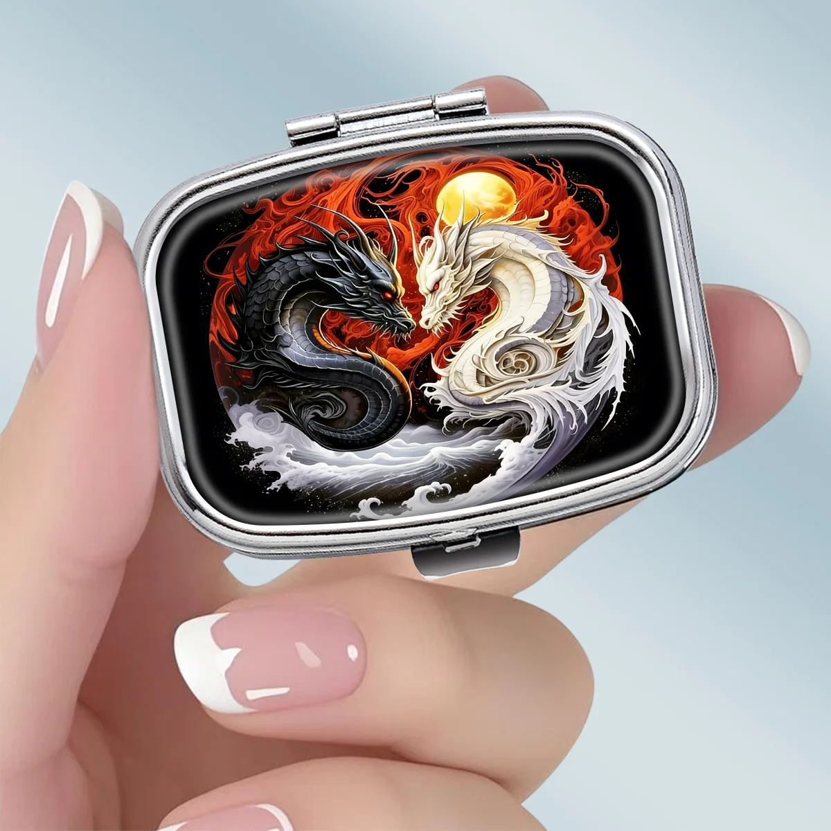 1PC Yin-Yang Dragon Fire Moon Illustration Theme Pattern Square 2-Compartment Pill Box - Portable Medicine and Vitamin Storage Box, suitable for hand-carrying or travel use, unique small gift, wallet pill box