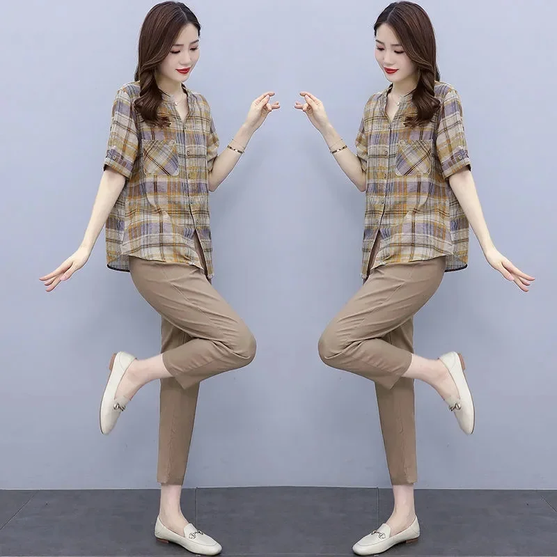 New 2022 Summer Causal Suits Fashion Cotton and linen plaid Short Sleeve Top + High Pants Loose Two Piece Sets Women Outfits