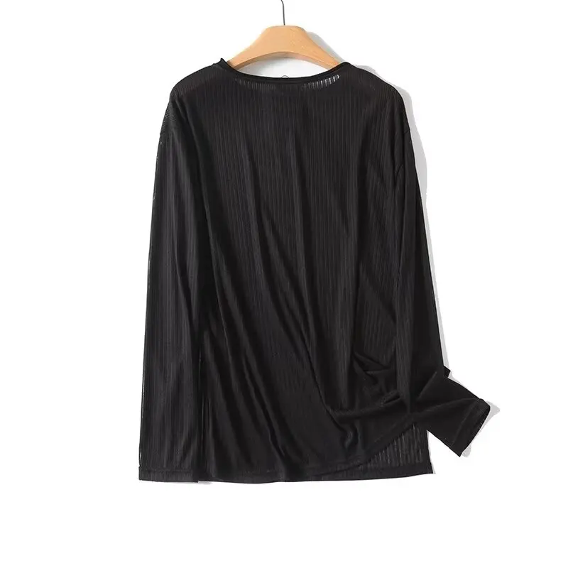 Dave&Di French Minimalist Lazy Style Perspective T-shirts Women Long Sleeve Black Sexy Blouse Tops