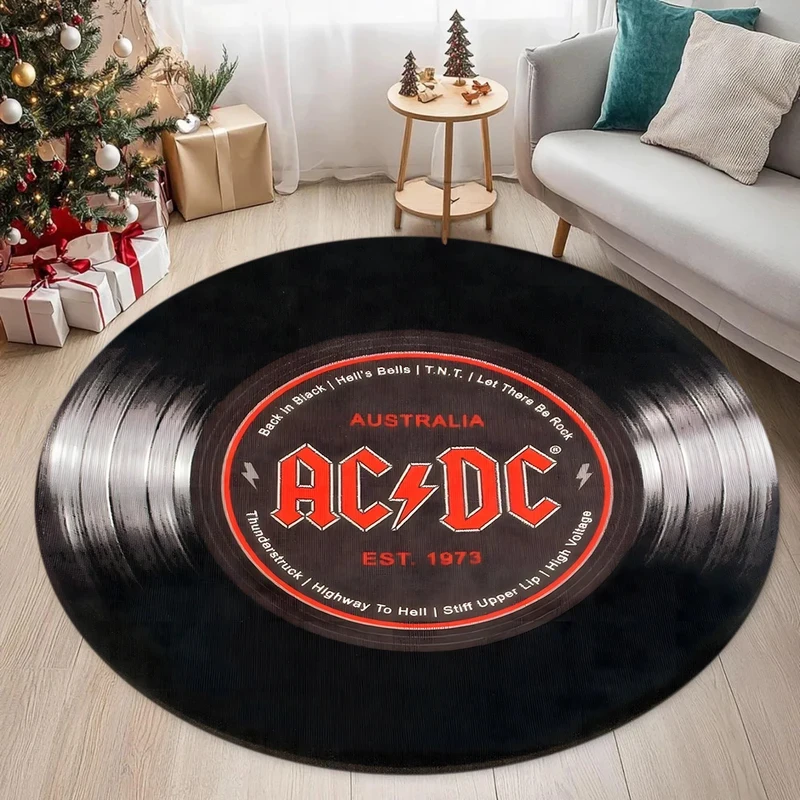 VIKAMA Retro Australia Rock AC/DC Round Floor Rug, Music Lover Non-slip Washable Rug For Bedroom Studio Living Room