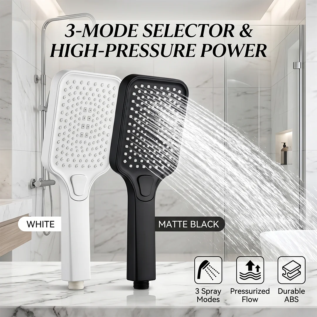 High Pressure Handheld Shower Head, 3 Spray Modes, Matte Black/White ABS Super Boost Sprayer