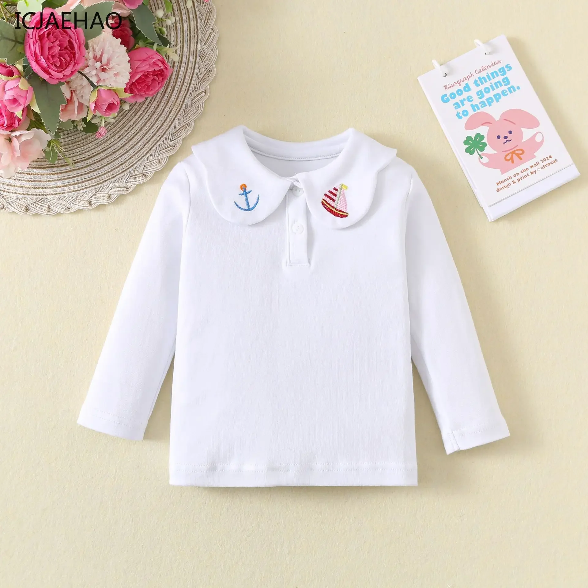 

2025 Newborns Baby Girl T-Shirt Long Sleeve Doll Collar Cute Top Embroidered Girls Bottom Smocked Shirt Cotton Clothes