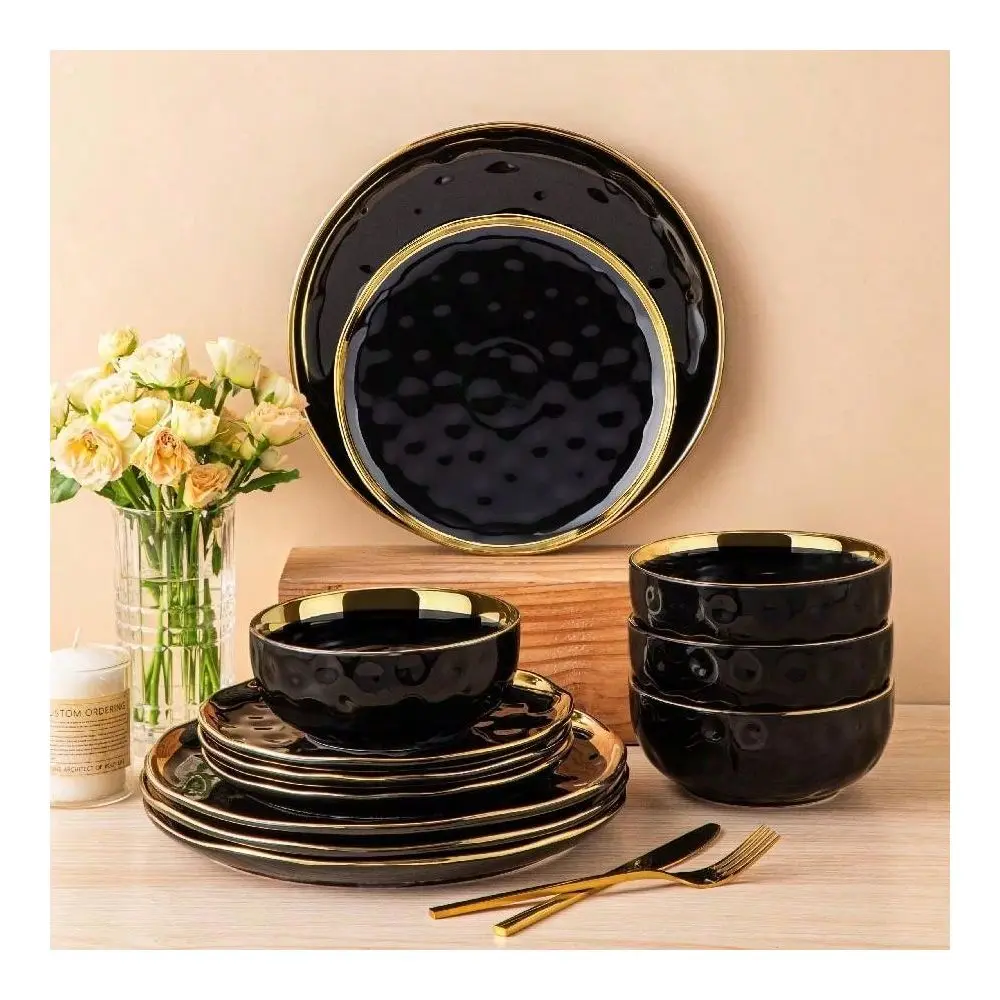 

Dinnerware, Dark Green With Golden Border, Poreclain Tableware, Dinner Plate, Dessert Plate And Bowl, Sevice For 4
