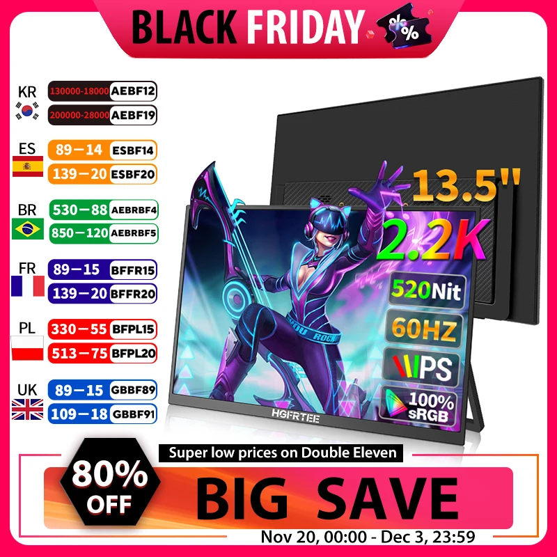 

HGFRTEE 2.2K 13.5inch Portable Monitor 100%sRGB 500d/m2 Second Screen For Laptop PC MAC with HDMI Typr-C Office External Display