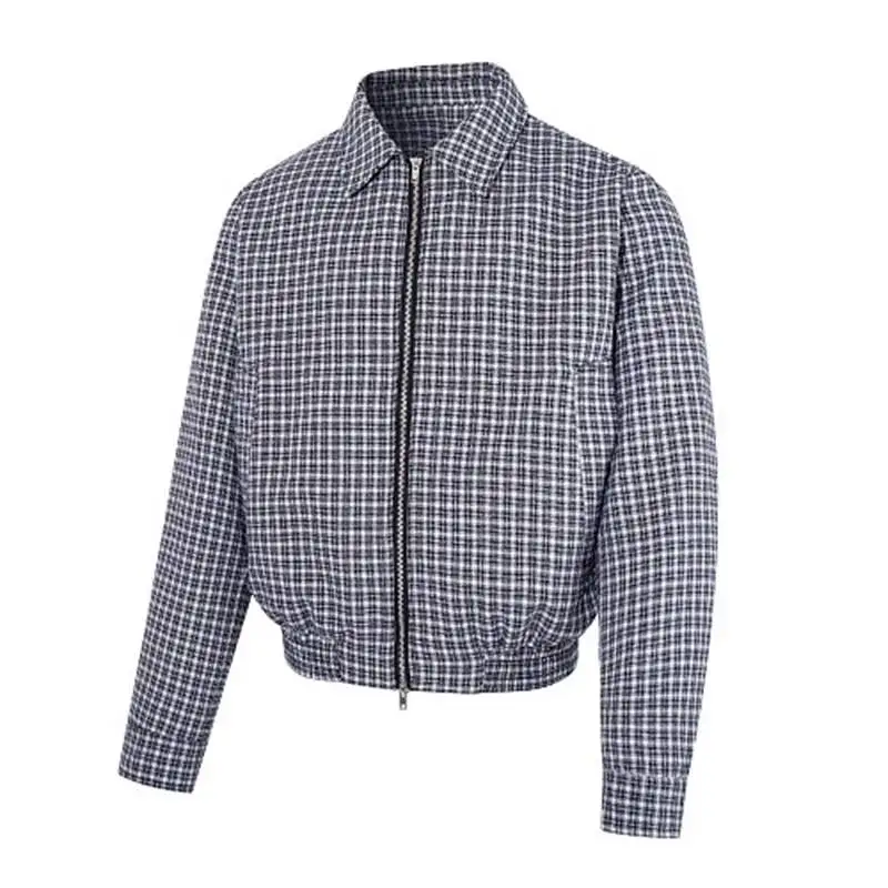 Plaid Check Lapel Zip Up Jacket Mens Elastic Hem Cropped Oversize Tailored Niche American Retro Street Autumn Coats FV46