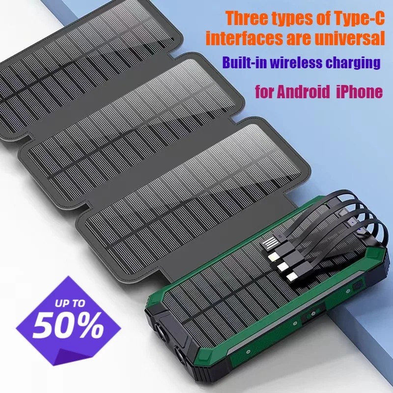 

20000mAh Large Folding Solar Power Bank with Built-in Four Cables Wireless Charging Portable Charger for All Series Smartphones