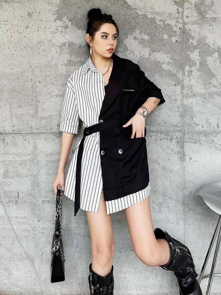 Women Black Striped Color-block Big Size Blazer New Lapel Short Sleeve Jacket Fashion Tide Spring Summer