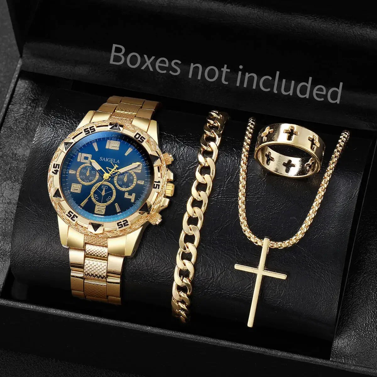 4PCS/Set Fashion Mens Stainless Steel Watches Luxury Quartz Wristwatch Jewelry Set Relogio Masculino（Box Not Included ）