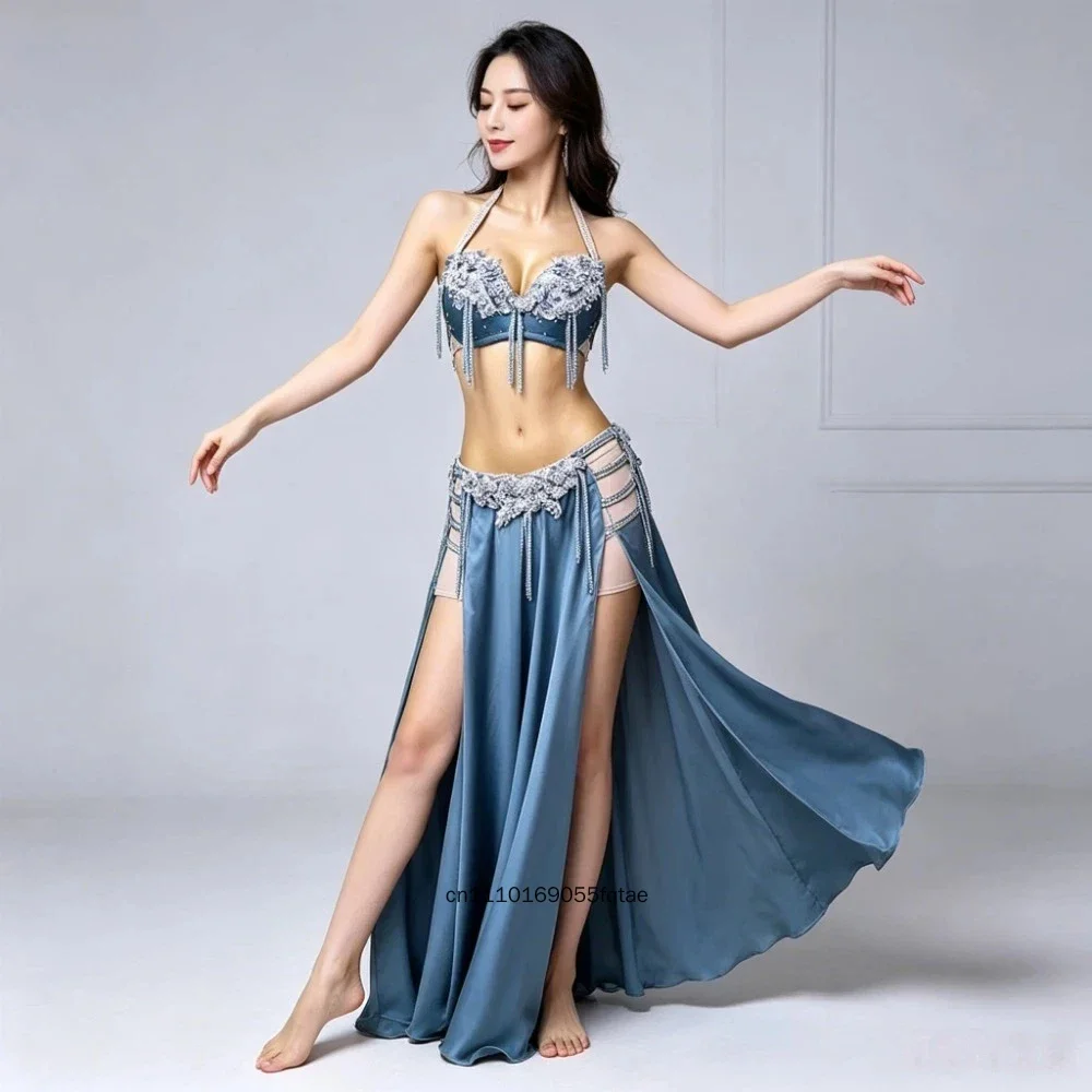 Adult Kids AB Stone Rhinestone Belly Dance Costume Rose Red High Split Skirt Shiny Samba Oriental Stage Performance Dance Dress