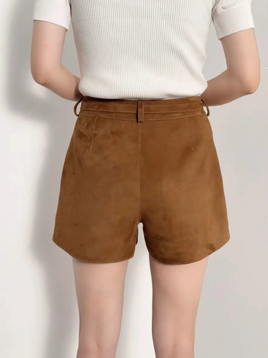 Mode rétro nouveauté 2025 véritable enfant daim peau de mouton Shorts en cuir femmes décontracté en cuir véritable Shorts ceintures