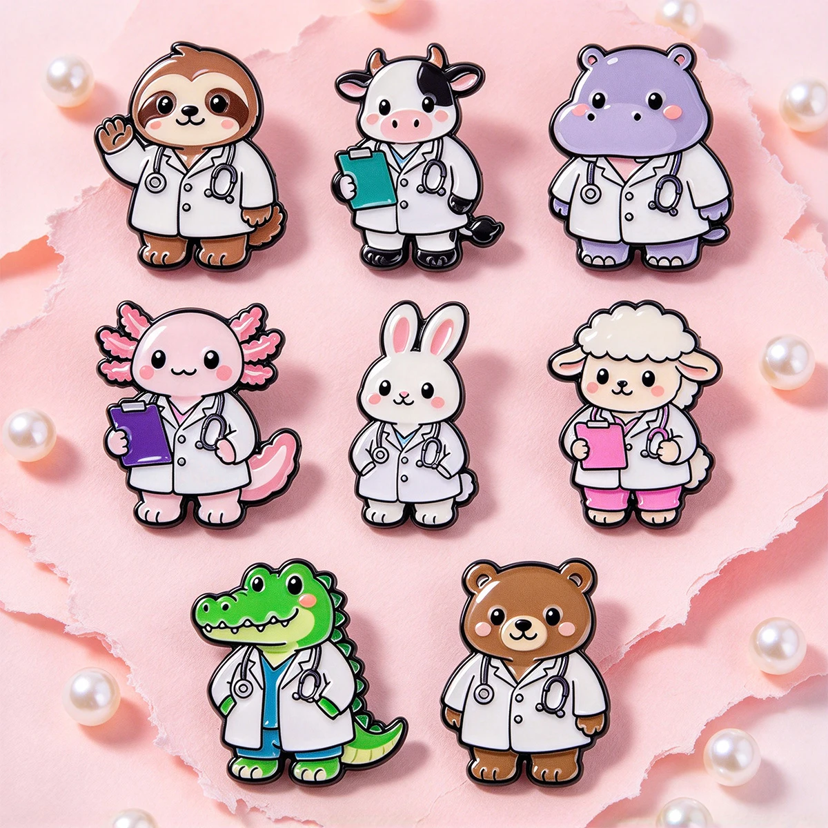 Kawaii Medical Animal Lapel Pins Sloth Cow Hippo Axolotl Rabbit for Backpacks Hats Clothes Bags Decors Accessories Gifts Friends view 4