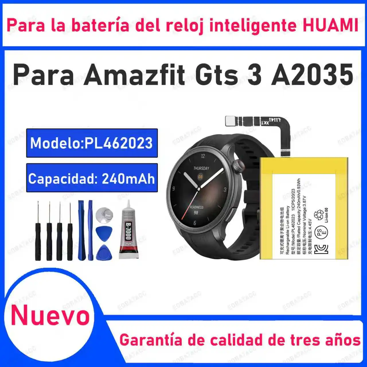 100% New High Quanlity 240mAh PL462023 Battery for Amazfit GTS 3 A2035 Smart Sports Watch  Replacement Watch Batteria+Tools