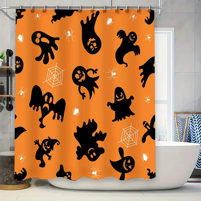 Halloween-themed shower curtain with black ghosts and spiders pattern for bathroom decor orange color (89x170cm)