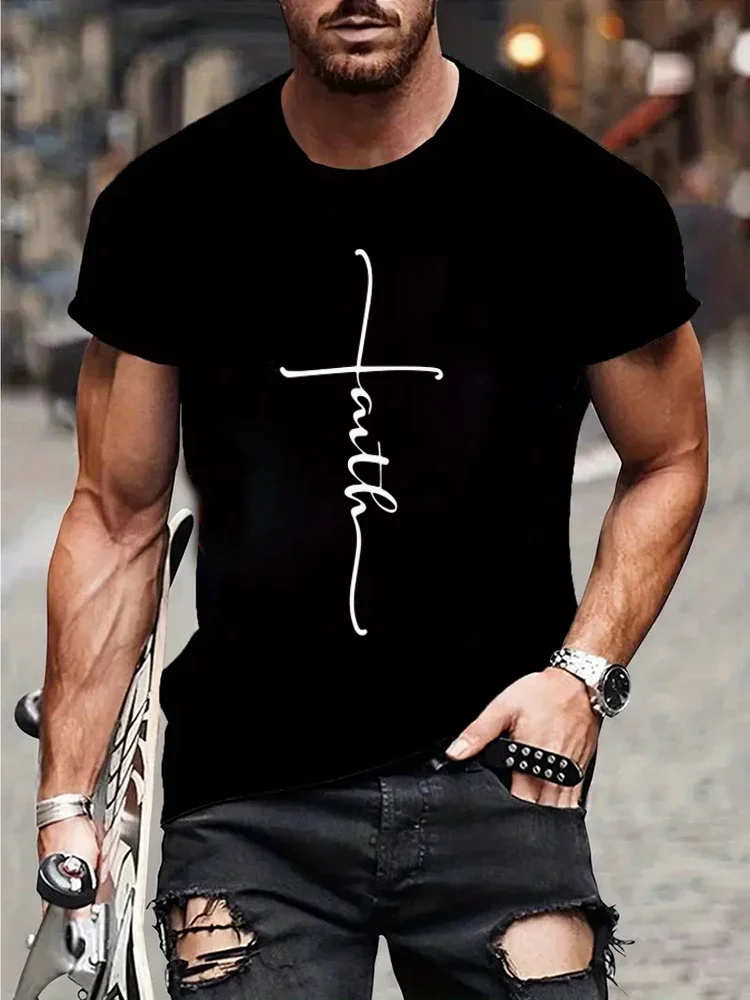 New Summer Round Neck Short Sleeve T-shirt for Men Christian Faith Cross Graphic Fshion T Shirts Short Sleeve Tee Tops