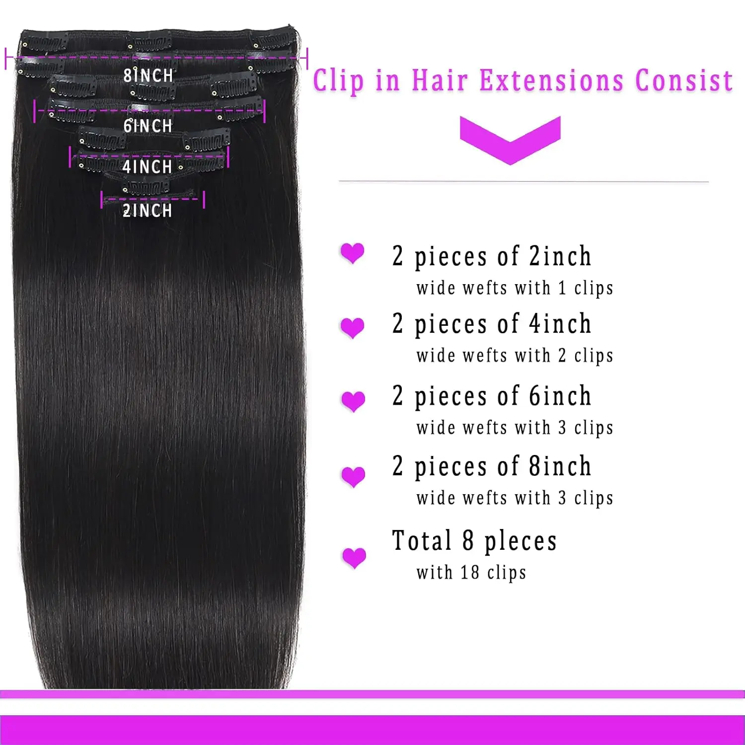 Extensiones de cabello humano con Clip recto para mujer, Color negro Natural, brasileño, 16-26 pulgadas, 120G, 8 unidades por juego