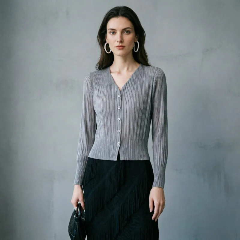 Miyake Pleated Short Sleeve Shirt Women 2026 Summer New Versatile Fold V-Neck Lightweight Cardigan Long Sleeve Pleats Top Women