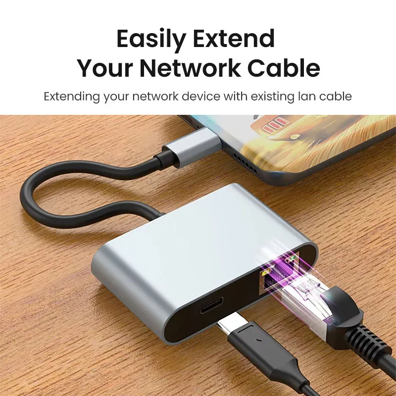 1000Mbps USB C-이더넷 어댑터 (휴대폰, TV용) Type-C to RJ45 60W 기가비트 이더넷 네트워크 카드 (노트북, 태블릿용) USB 포트 2개