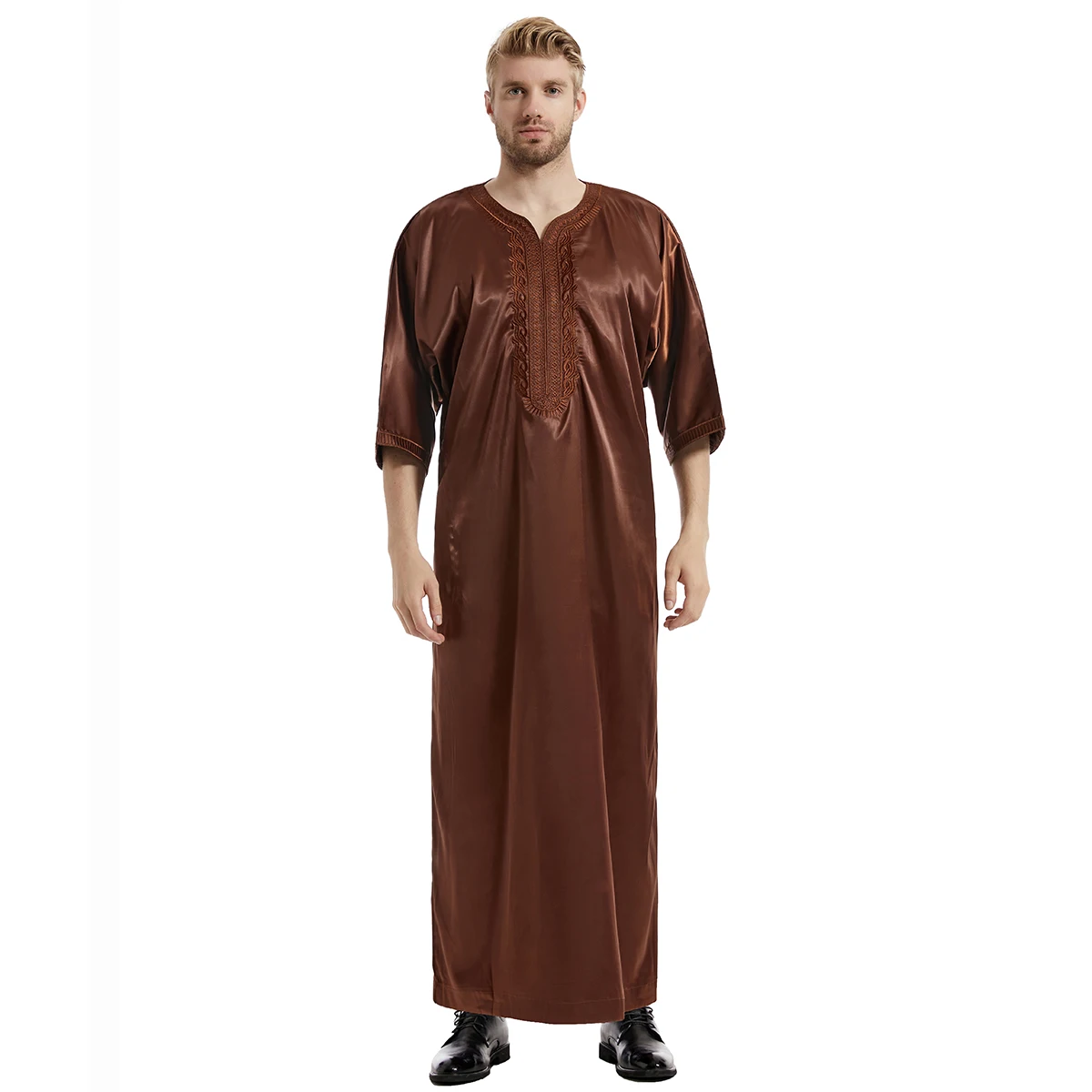 Jubba Thobe bordado, meia manga, malaio árabe, abaya branca muçulmana, vestido manga curta, cetim preto bege, TH827