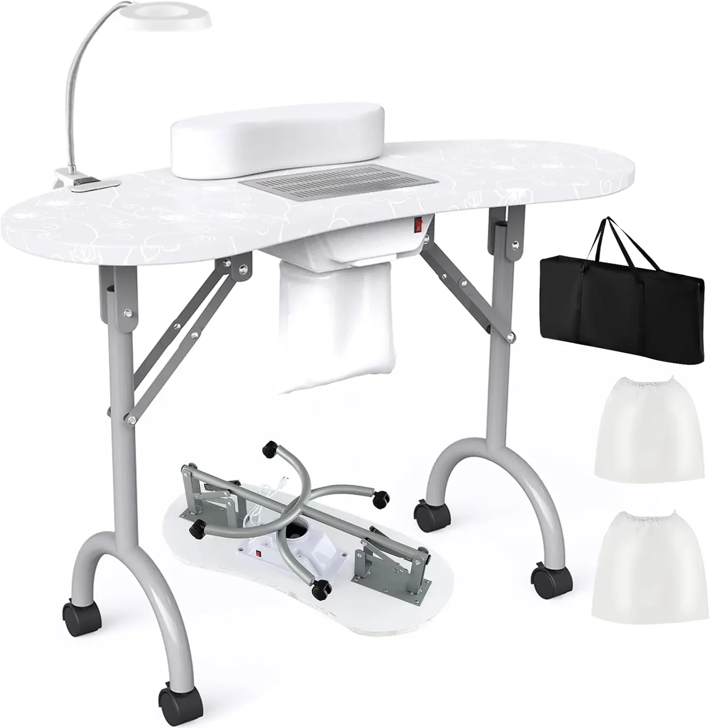 Nail Table All-in-One Manicure Desk w/Electric Dust Collector, LED Nail Lamp, Carry Bag & Wrist Cushion, Mobile Nail Desks w/Uni