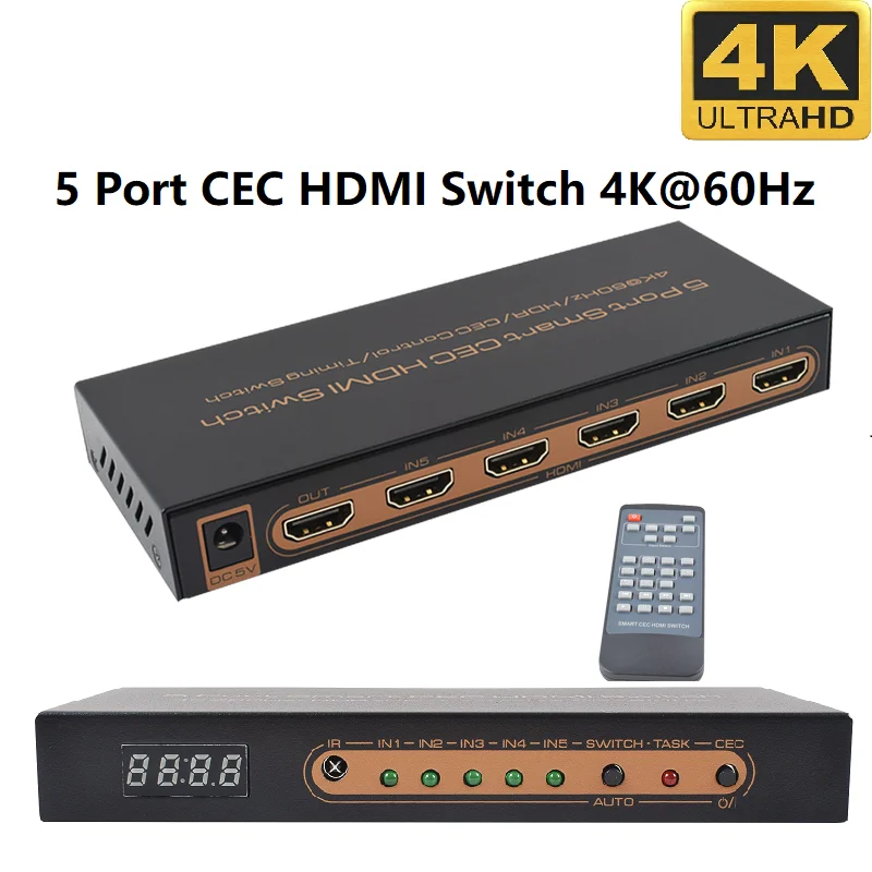 

4K HDMI-compatible Switch 5 In 1 Out UHD HDR CEC Time Set 5 Port Switcher Splitter 4K@60Hz Remote IR Control 18Gbps 3D HDCP2.2