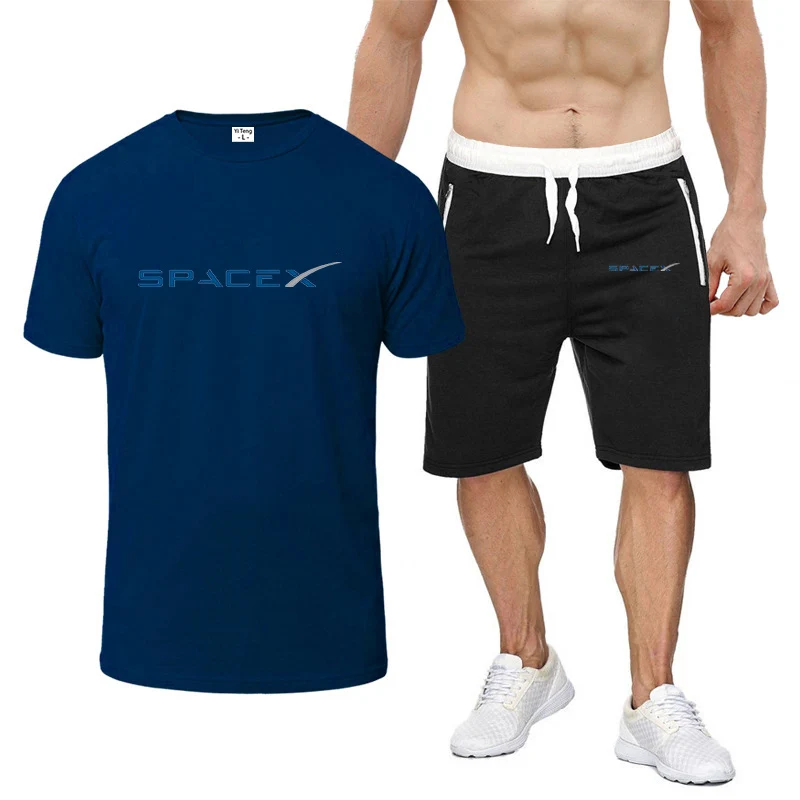 2024 spacex space x masculino nova alta qualidade oito cores de manga curta confortável casual moda camiseta + shorts terno de impressão