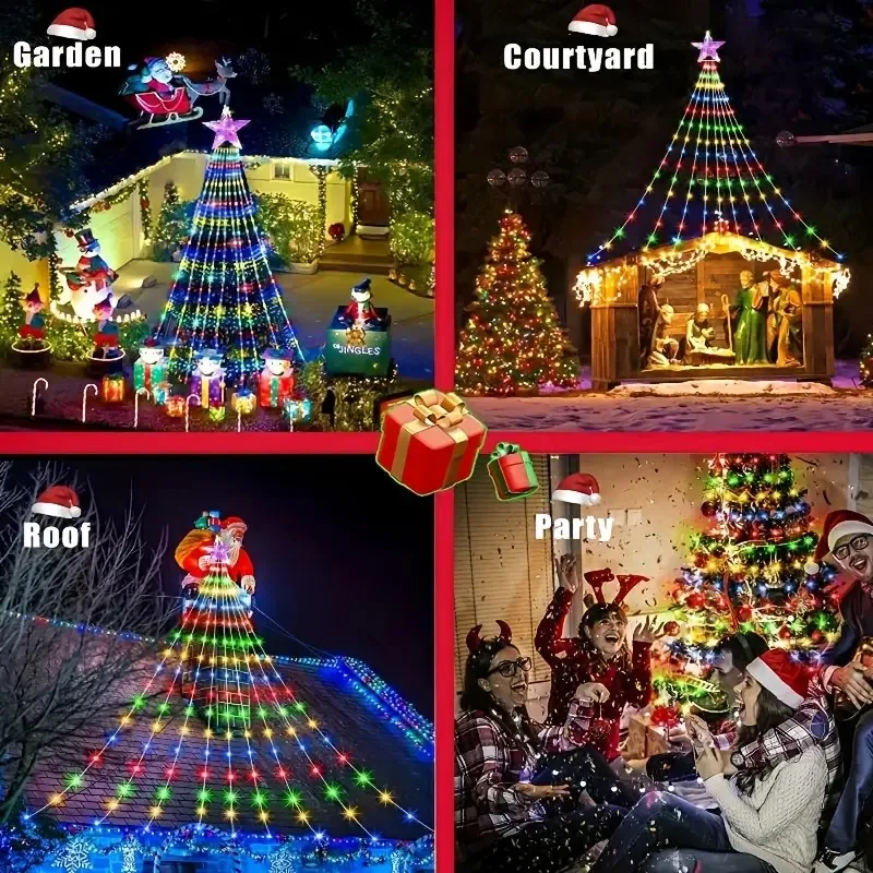 Luces LED solares de cascada con forma de estrella navideña con 8 modos: uso interior/exterior para árbol de Navidad, cortina de jardín, patio