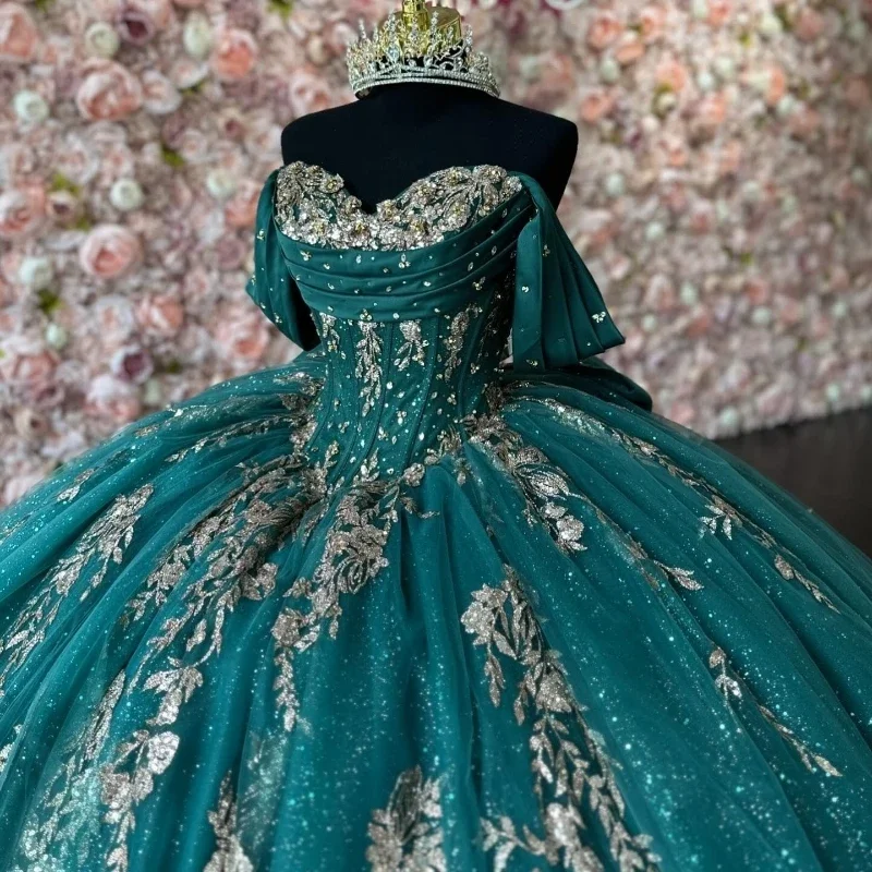 Customized Blackish Green Ball Gown Quinceanera Dresses 2025 Gold Appliques Glitter Tulle Party Women Dress Vestidos De Festa