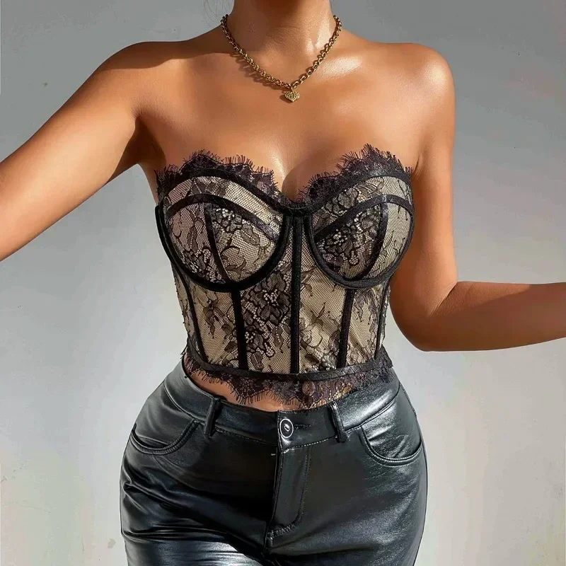 CHUANGERM-Corset Sexy en Dentelle Noire Brodée pour Femme, Soutien-Gorge Façonnant, Plumes, à la Mode, Lingerie Dos aux, Push Up