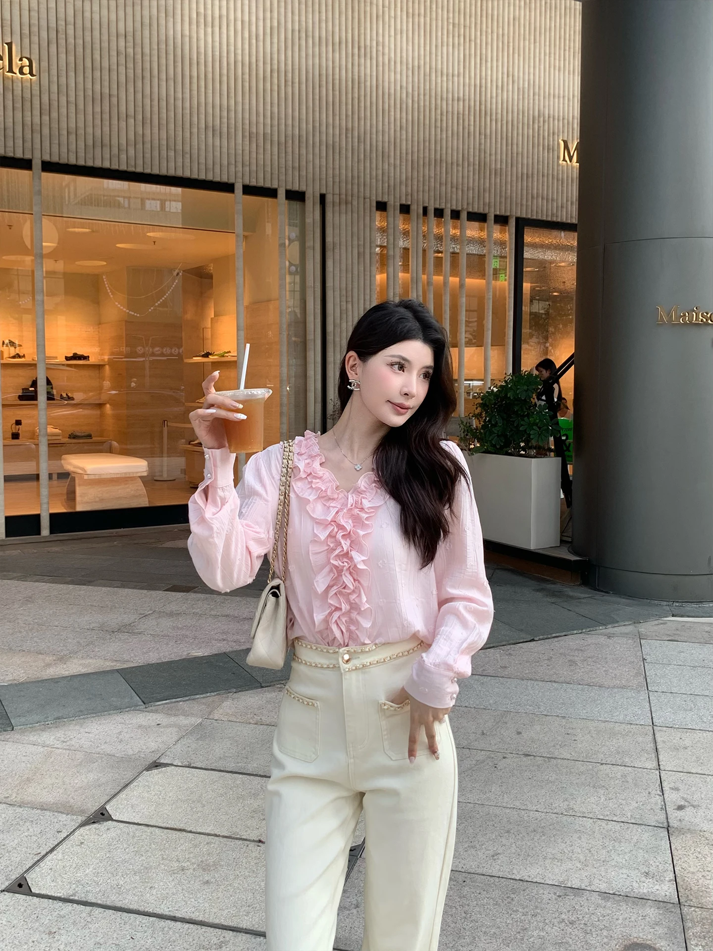 

Женская рубашка Kun Bella розового цвета с вышивкой, длинным рукавом, весенняя, базовая, с рукавами-фонариками, повседневный стиль, V-образный вырез, смесовый хлопок