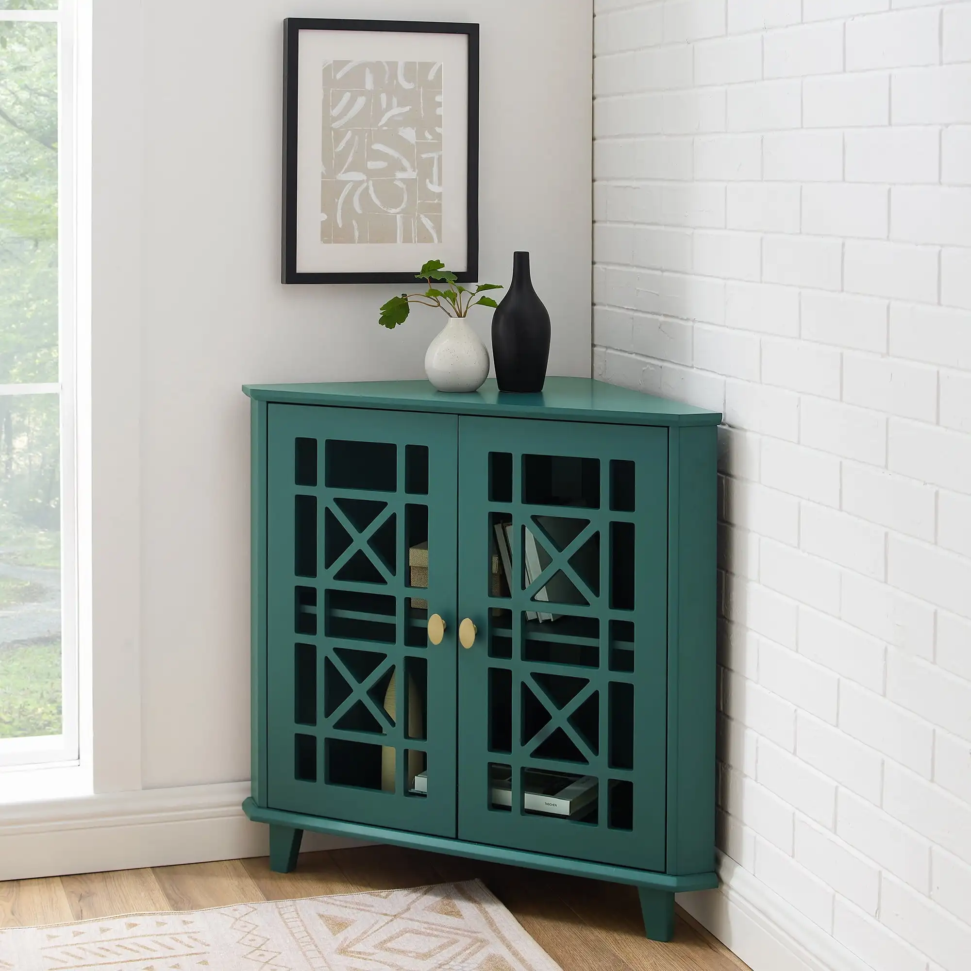 Transitional Fretwork Doors Corner Accent Cabinet, Dark Teal The perfect complement to a dining room or home office