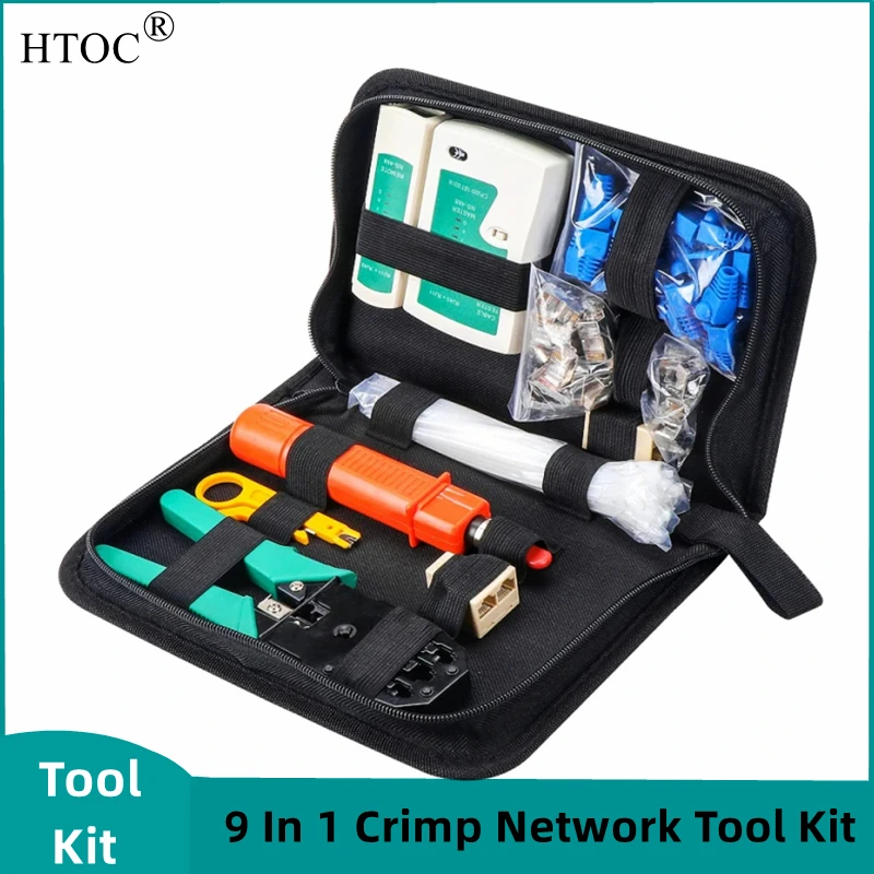 HTOC 9 In 1 Crimp Network Tool Kit Computer Maintenance Repair Tools Cable Crimping Pliers Tester Connectors For RJ45/11/12