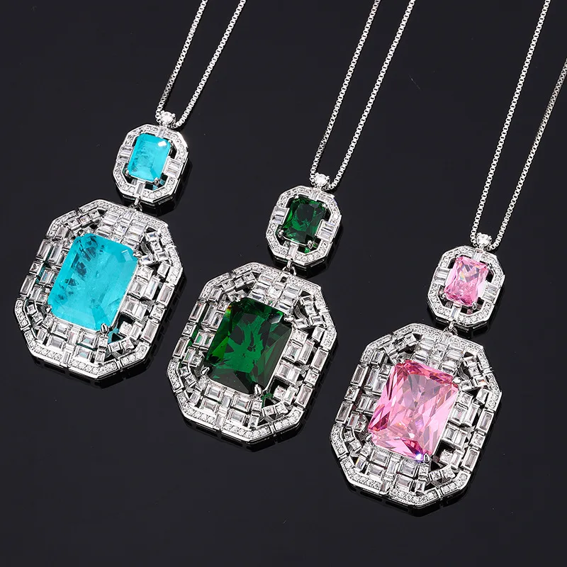 Art Deco Double Layer Rectangle CZ Pendant Necklace Multi Color Synthetic Cubic Zirconia Silver Plated Women Wedding Jewelry