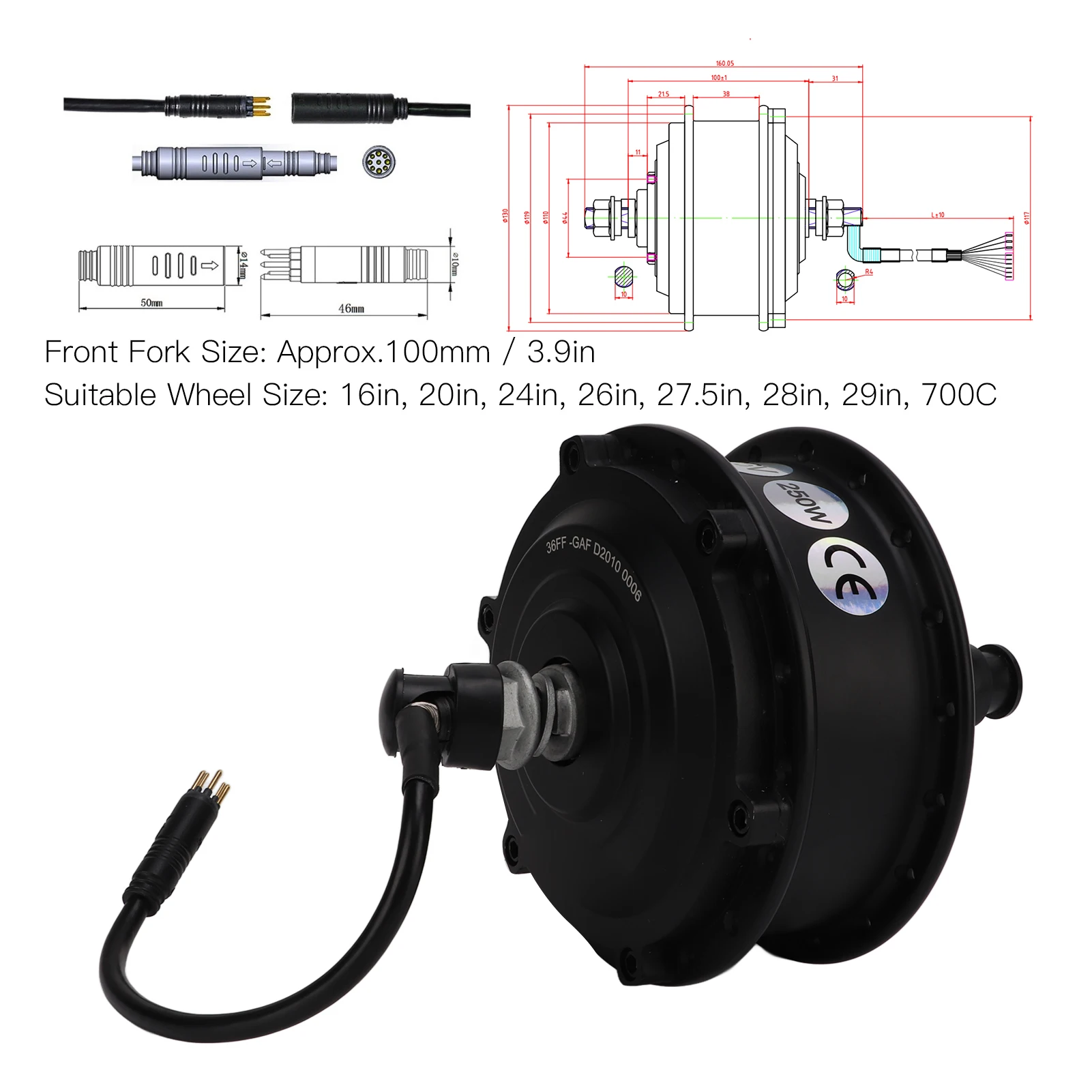 36V 250W Electric Bicycle Front Drive Motor, Aluminum Rim, Strong Bearing Capacity, 3 Modes, DIY Conversion Kit